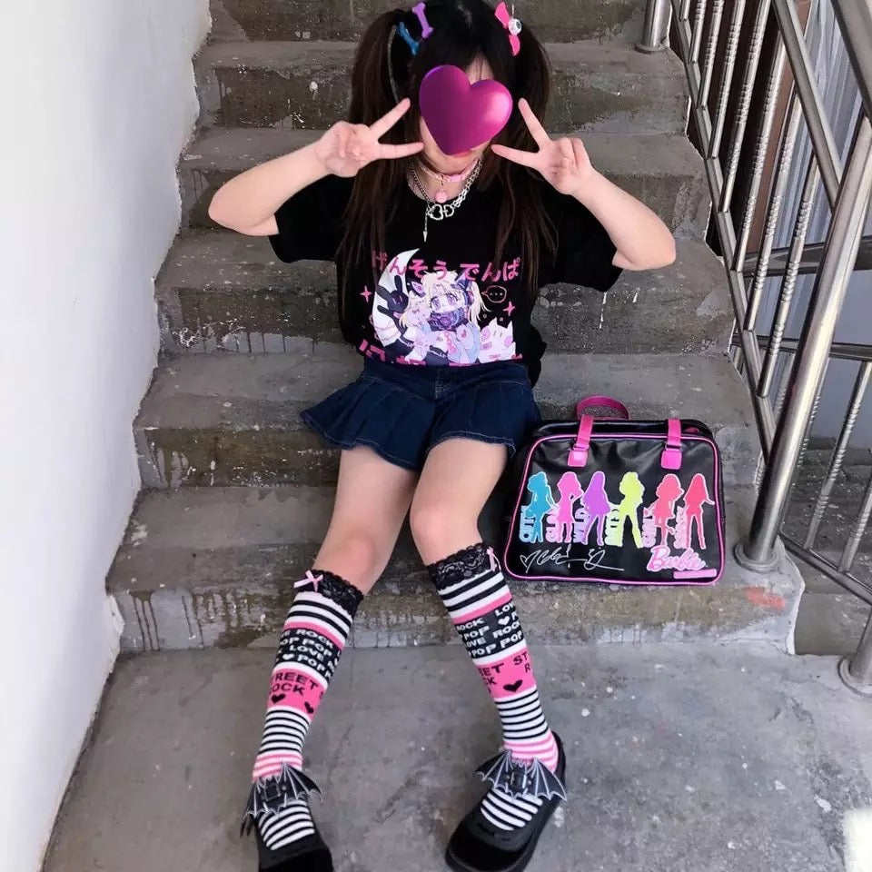 Anime Cartoon Print Grunge Loose Steampunk Goth Punk Short Sleeve Shirt T-shirt Top Summer Causal E-Girl Kawaii Korean Japanese Harajuku Streetwear