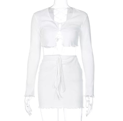 Cute 2pcs Set Ribbed Lace Up Hollow Out Crop Top Cardigan + Mini Skirt Bodycon Summer Aesthetic Casual E-Girl Kawaii Korean Japanese Harajuku