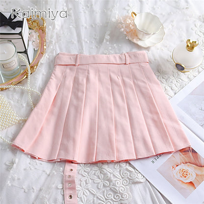 Cute Preppy Summer Pleated Heart Shape Belt High Waist Mini Skirt Bottom E-Girl Kawaii Korean Japanese Harajuku Chinese Retro Streetwear Aesthetic