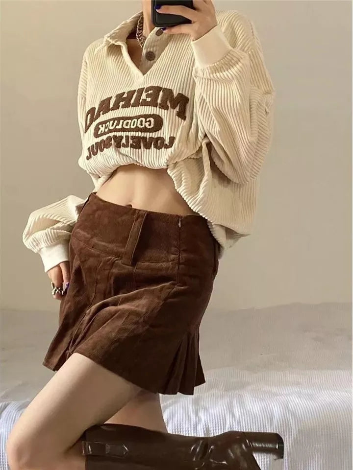 Beige Embroidery Polo Collar Embroidery Oversized Long Sleeve Shirt