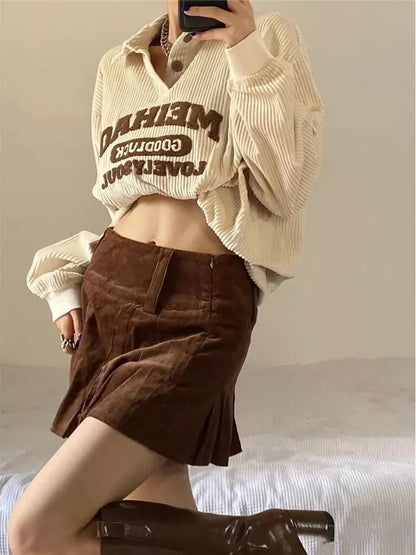 Beige Embroidery Polo Collar Embroidery Oversized Long Sleeve Shirt