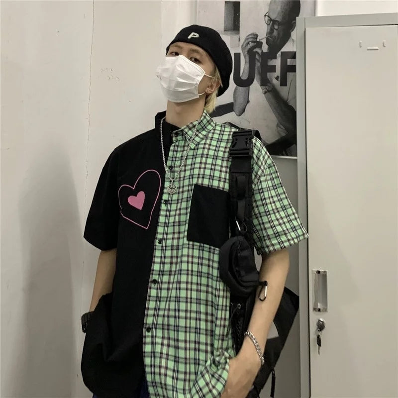 Cute Heart Pocket Plaid Patchwork Vintage Blouse Short Sleeve T- Shirt Top Aesthetic Casual Summer E-Girl Kawaii Korean Japanese Harajuku