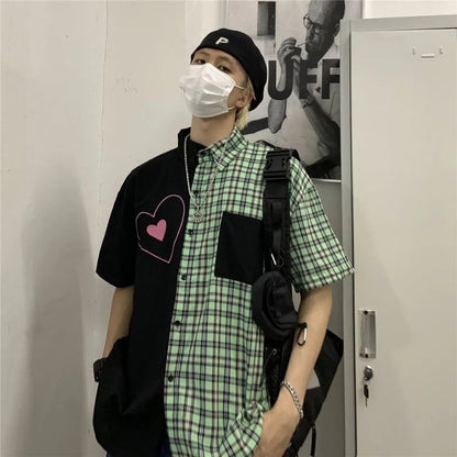 Cute Heart Pocket Plaid Patchwork Vintage Blouse Short Sleeve T- Shirt Top Aesthetic Casual Summer E-Girl Kawaii Korean Japanese Harajuku