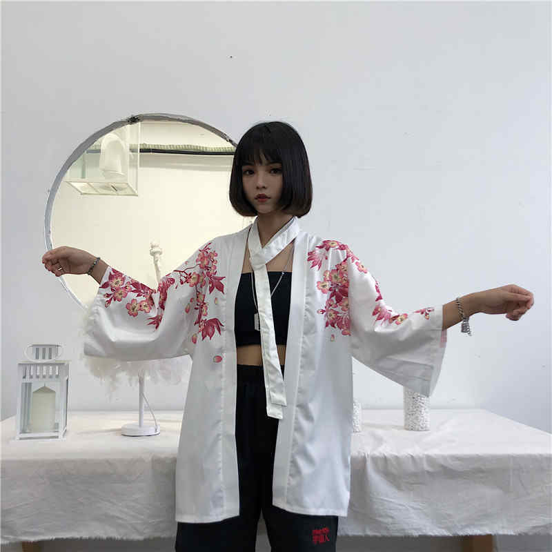 Cute Koi Goldfish Sakura Cherry Blossom Kimono Print Loose Cardigan Blouse Long Sleeve Shirt Top E-Girl Kawaii Korean Japanese Harajuku Streetwear