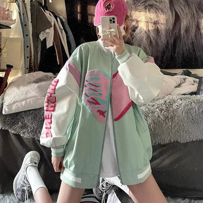 Retro Vintage Pastel Heart Ribs Print Oversized Long Sleeve Zipper Hoodie Sweatshirt Aesthetic Casual E-Girl Kawaii Korean Japanese Harajuku