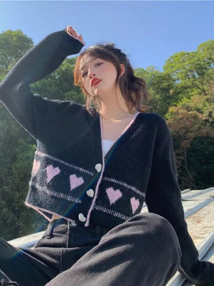Heart Button Cropped Long Sleeve Cardigan