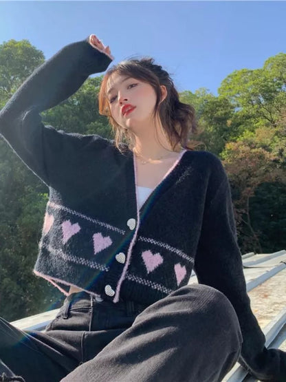 Heart Button Cropped Long Sleeve Cardigan