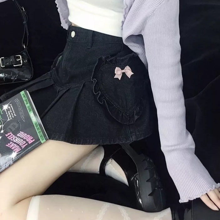 Cute Black Heart Bow Pocket Denim Mini Skirt High Waisted Pleated Aesthetic Goth Casual Summer E-Girl Kawaii Korean Japanese Harajuku