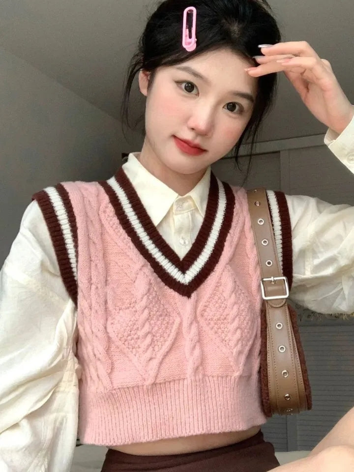Pink Cable Knit V Neck Sweater Vest