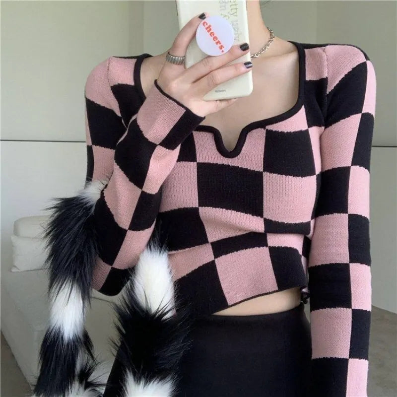 Pink & Black Checkboard Knit Sweater