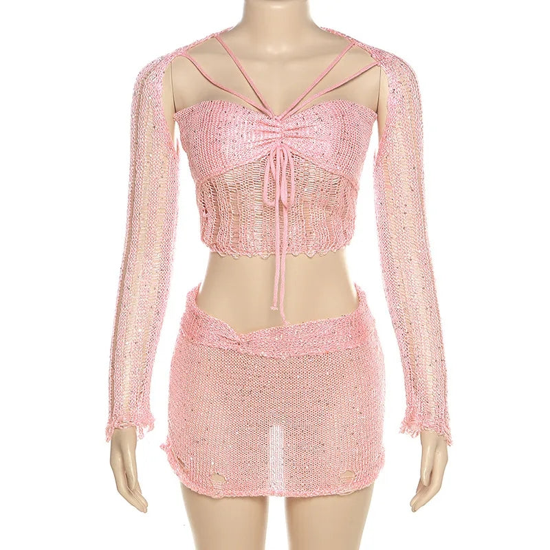 2PCS Pink Sequin See Through Hollow Out Top + Skirt Set