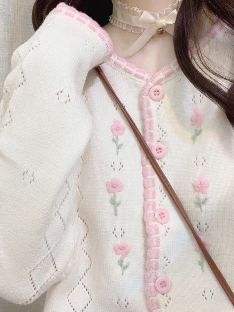 Blue Embroidery Hollow Sweater
