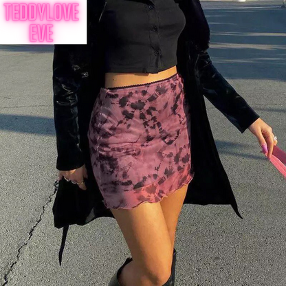 Cute Sexy 90s Retro Vintage Tie Dye Mesh Ruffle Trim A-line Mini High Waisted Skirt Aesthetic Goth E-Girl Kawaii Korean Japanese Harajuku Streetwear