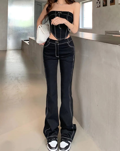 2PCS Black Denim Corset + Straight Flare Jeans
