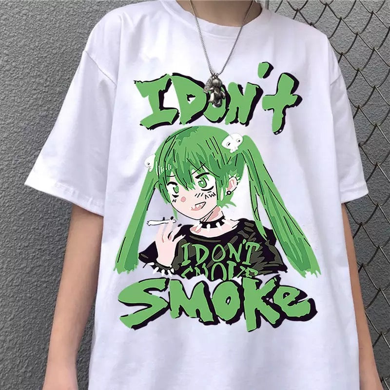 Anime Girl Smoke Cartoon Print Loose Oversized Short Sleeve T-shirt Top Summer Causal Goth Punk E-Girl Kawaii Korean Japanese Harajuku Streetwear