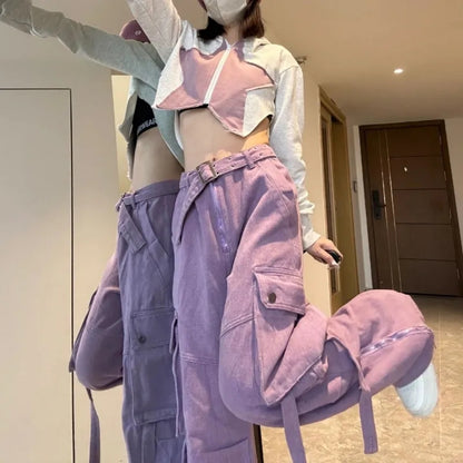 Purple Pocket High Waist Cargo Pants