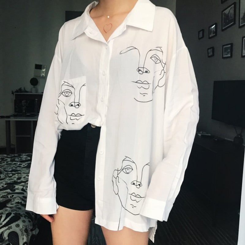 Cute Face Asymmetrical White Long Sleeve Shirt Tee T-shirt Top Blouse E-Girl Kawaii Korean Japanese Harajuku Retro Streetwear Aesthetic