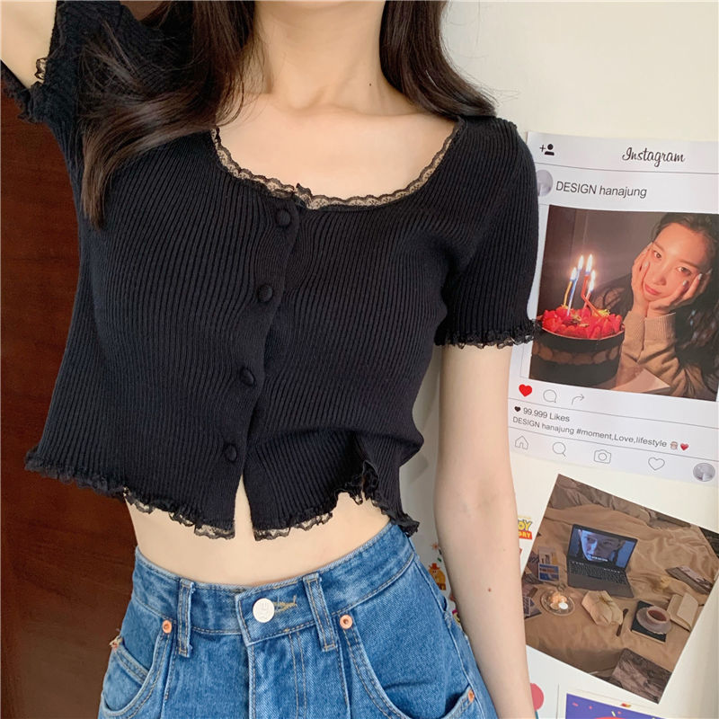 Yellow Lace Knit Short Sleeve Top