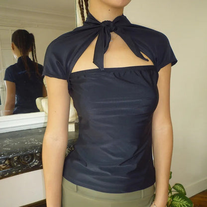 Pink Tie Up Collar Cut Out Blouse