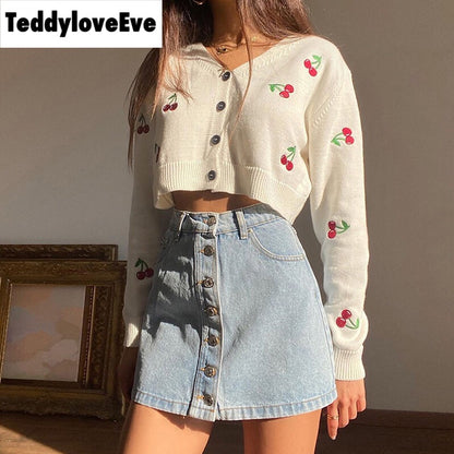 Cute Sweet Cherry Embroidery V Neck Knit Vest Long Sleeve Cardigan Crop Top Sweater Sweatshirt Pullover Jumper E-Girl Kawaii Korean Japanese Harajuku