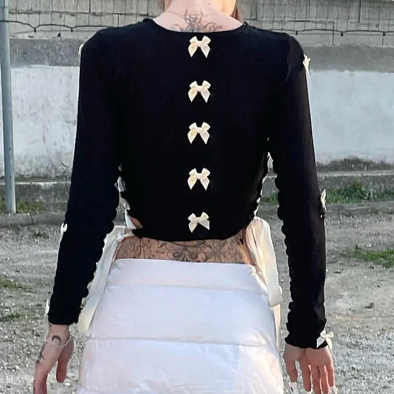 Black Bow Ribbon Hollow Out Knit Long Sleeve Shirt