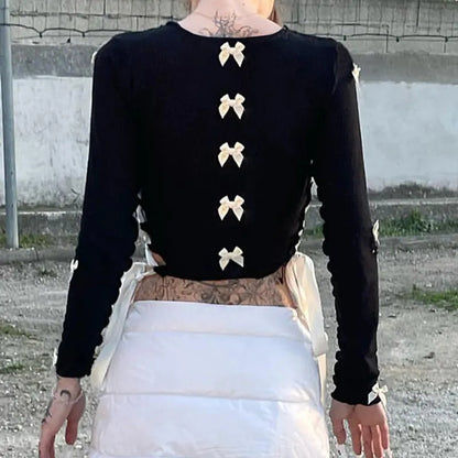 Black Bow Ribbon Hollow Out Knit Long Sleeve Shirt