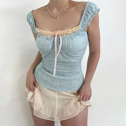 Blue Floral Lace Cottage Tank Top