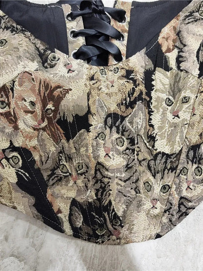 Cat Embroidery Lace Up Corset Top