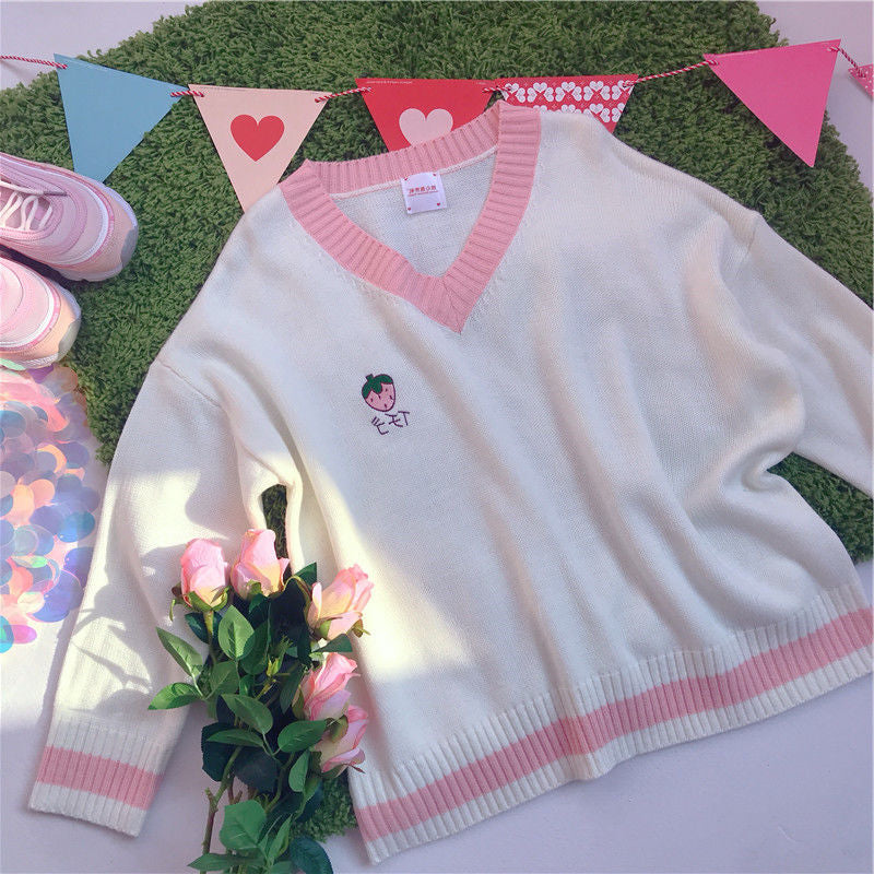 Cute Strawberry Peach Embroidery Knit Vest Sweater Sweatshirt Pullover Long Sleeve Shirt Casual E-Girl Kawaii Korean Japanese Harajuku Streetwear