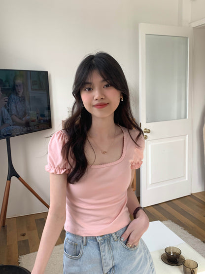 Pink Puff Sleeve Square Collar Top