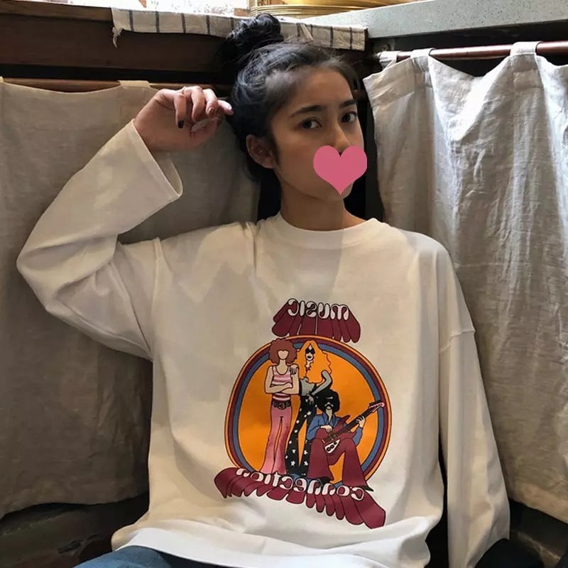 Cute White Music Band Cartoon Print Oversize Loose Long Sleeve Shirt Top T-shirt O Neck Casual E-Girl Kawaii Korean Japanese Harajuku Streetwear