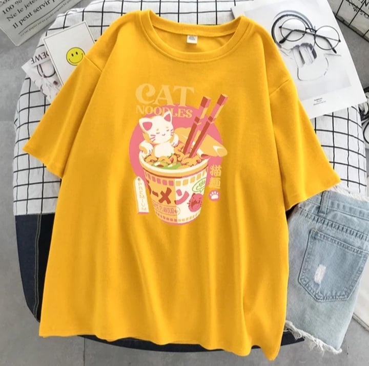 Cute Cat Noodle Ramen Graphic Cartoon Print Loose Short Sleeve T-shirt Aesthetic Casual Summer E-Girl Kawaii Korean Japanese Harajuku