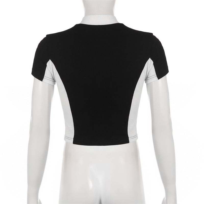 Retro Zipper Patchwork Crop Top