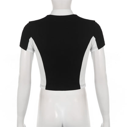 Retro Zipper Patchwork Crop Top