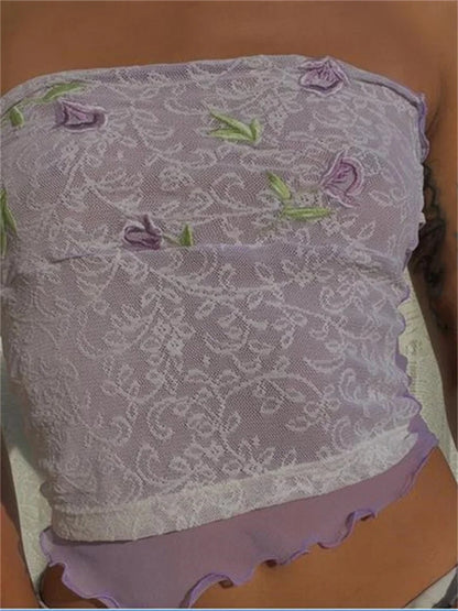 Purple Flower Embroidery Tube Top