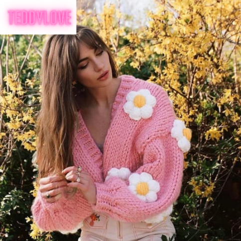 Cute Pink Daisy Flower Knit Crochet Loose Cardigan Long Sleeve V Neck Sweater Aesthetic E-Girl Kawaii Korean Japanese Harajuku