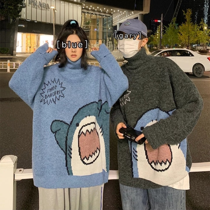 Cute Funny Shark Cartoon Knit Turtleneck Oversized Sweater Pullover Winter Aesthetic Casual Kawaii Korean Japanese Harajuku