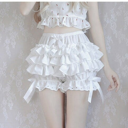 White Frilly Lace Ruffle Bloomer Shorts
