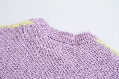 Purple & Yellow Flower Print Patchwork Sweater