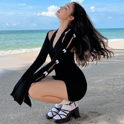 2PCS Black Knit V Neck Halter Dress + Long Sleeve Shawl