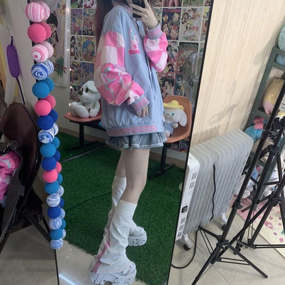 Blue & Pink Rabbit Patchwork Varsity Jacket