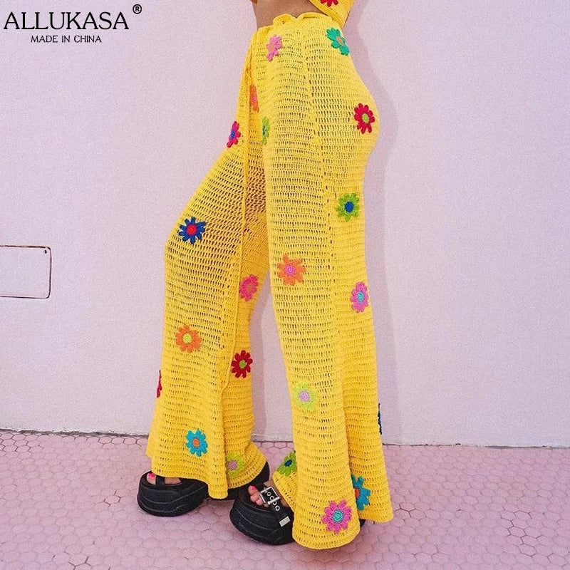 Cute Flower Knit Crochet Net Sheer Wide Leg Pants Long Boho Trousers Aesthetic Casual Summer E-Girl Kawaii Korean Japanese Harajuku