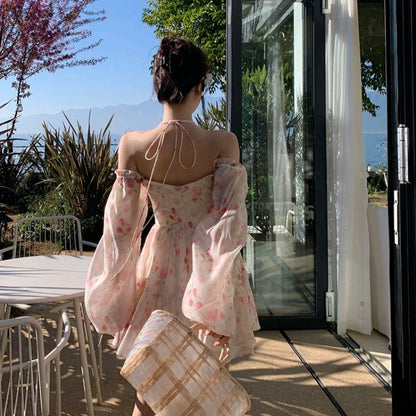 Rose Watercolor Off Shoulder Puff Sleeve Dress