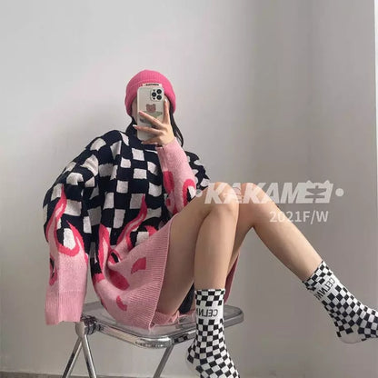 Cute Hot Pink Flames Fire Checkerboard Plaid Oversized Knit Sweater Pullover Aesthetic Casual E-Girl Kawaii Korean Japanese Harajuku