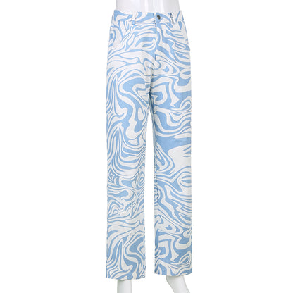 Blue & White Zebra Print High Waist Pants