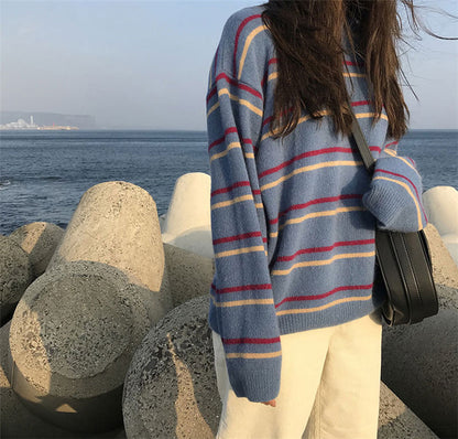 Soft Stripe Autumn O Neck Chic Loose Oversized Casual Knit Sweater Sweatshirt Pullover Jumper Shirt E-Girl Kawaii Korean Japanese Harajuku Streetwear