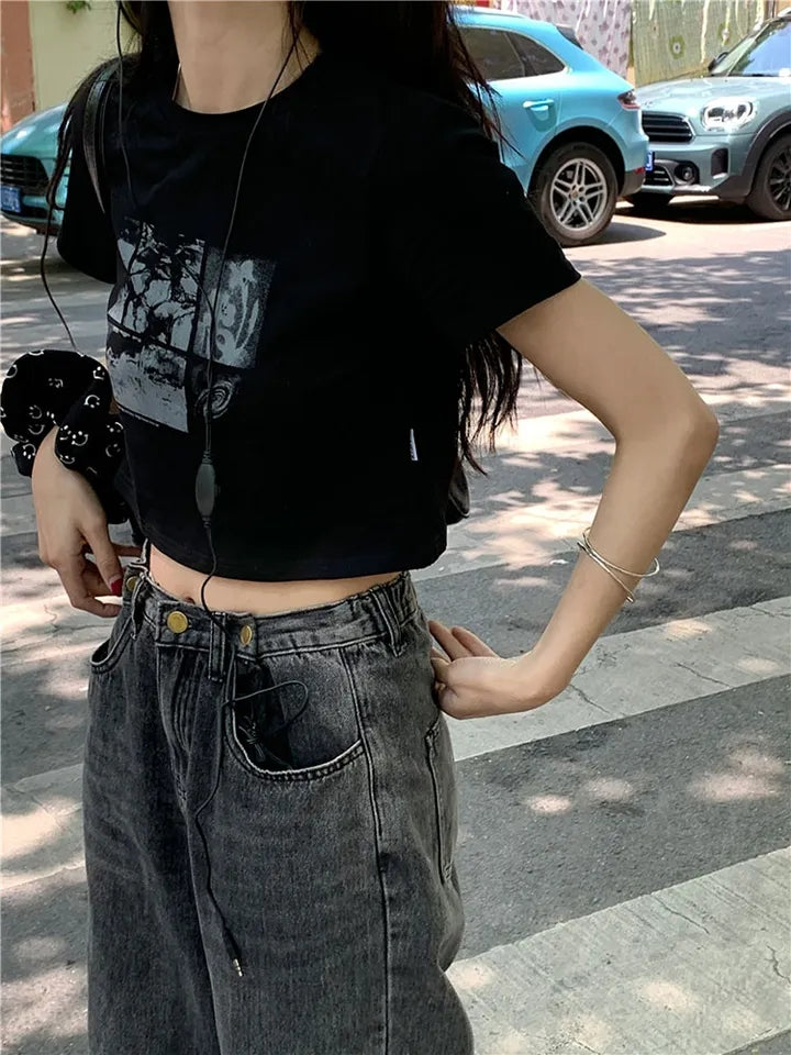 Black Grunge Cropped Short Sleeve T-shirt