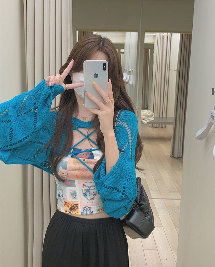 Blue Hollow Out Cropped Cardigan
