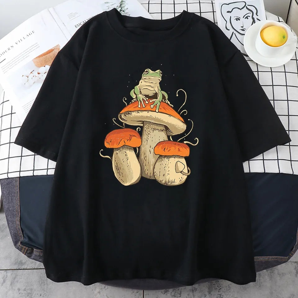 Mushroom Frog Print Short Sleeve T-shirt