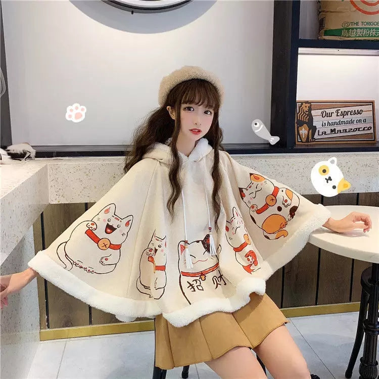 Cute Lucky Cat Ears Cloak Hoodie Pullover Sweatshirt Autumn Winter Aesthetic Casual E-Girl Kawaii Korean Japanese Harajuku
